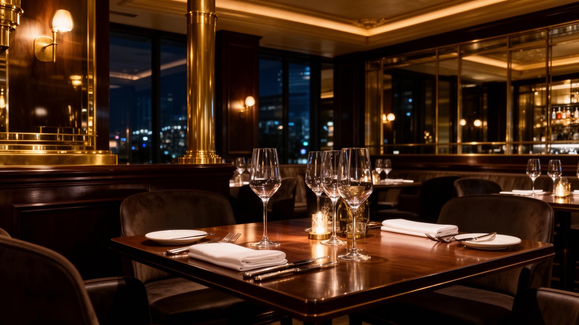 An intimate dining room set with polished wood, candlelight, and wine glasses